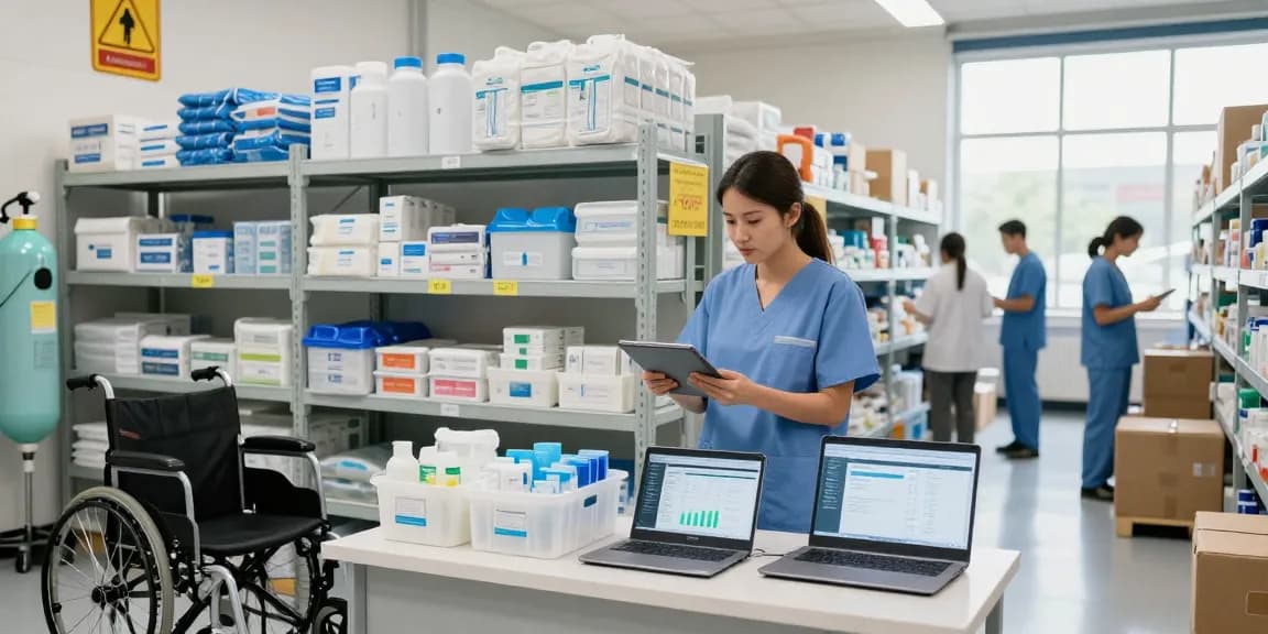 fournisseur médical managing inventory in a bright medical supply warehouse with organized equipment