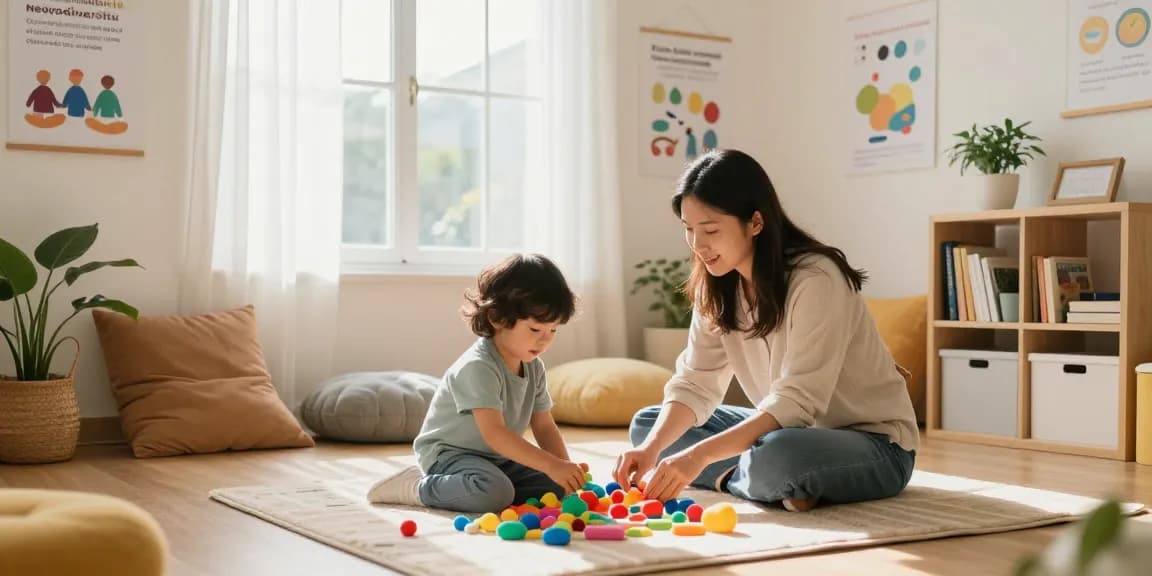 Child and therapist engaging in applied behaviour analysis with sensory toys, promoting neurodiversity.