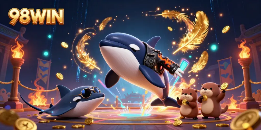 Engage in exciting gaming actions as 98WIN features a vibrant scene with an orca, stingray, and otters celebrating in a fantasy casino.