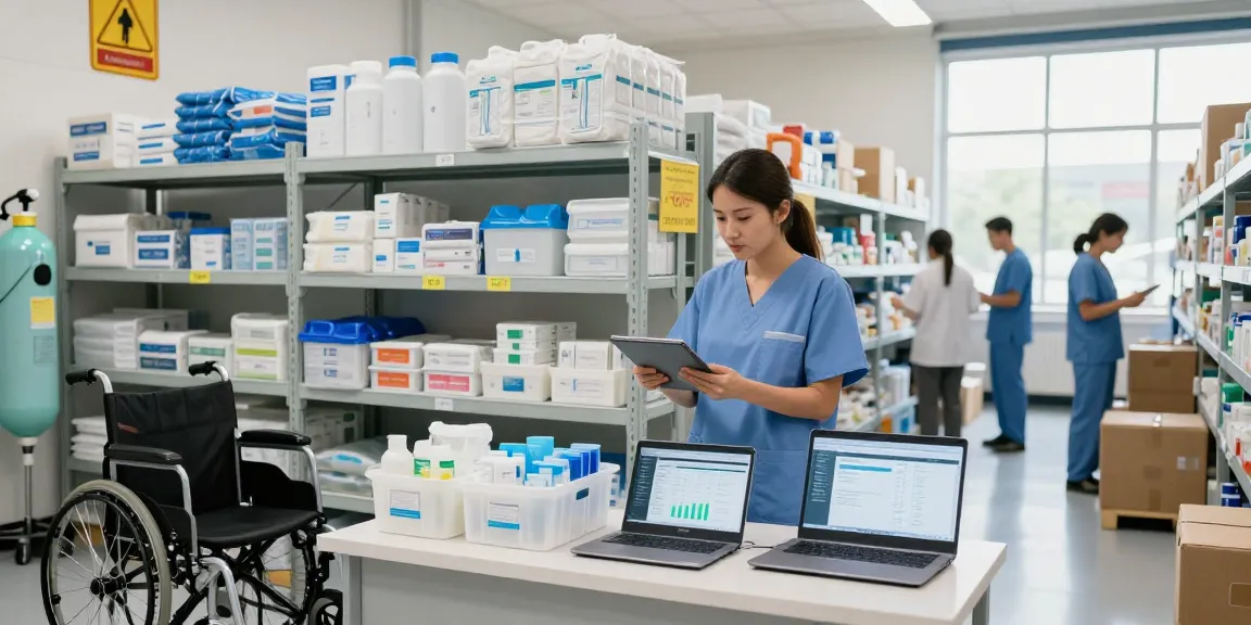 fournisseur médical managing inventory in a bright medical supply warehouse with organized equipment
