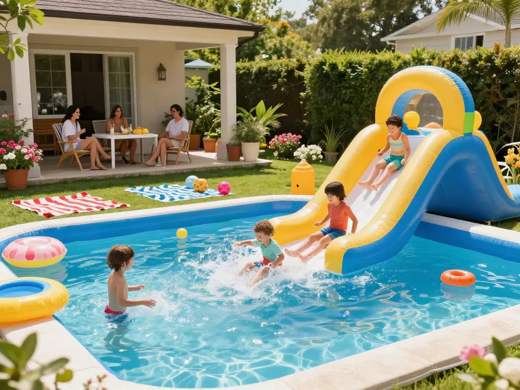 Children enjoying a water slide inflatable under summer sun in a vibrant backyard.