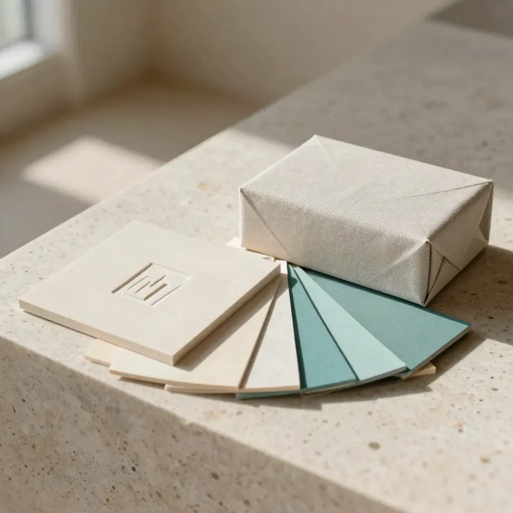 Brand identity materials on travertine, with embossed tile, teal chips, and linen box.