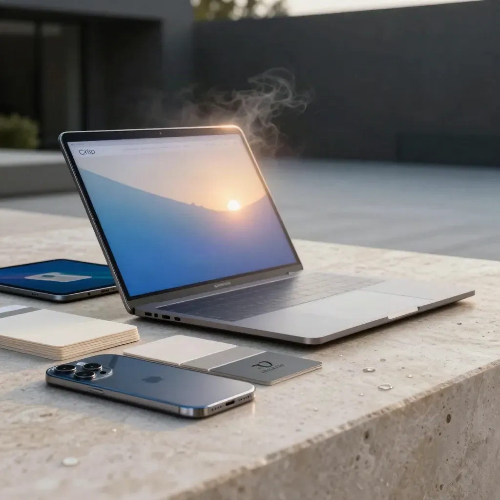 Rain-washed stone terrace with laptop, tablet, logo tile and phone glowing at sunrise