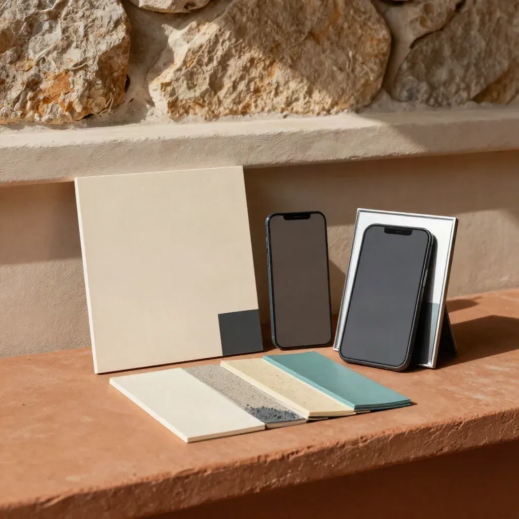 Mockup boards, phone, light panel and color chips on a terracotta studio surface