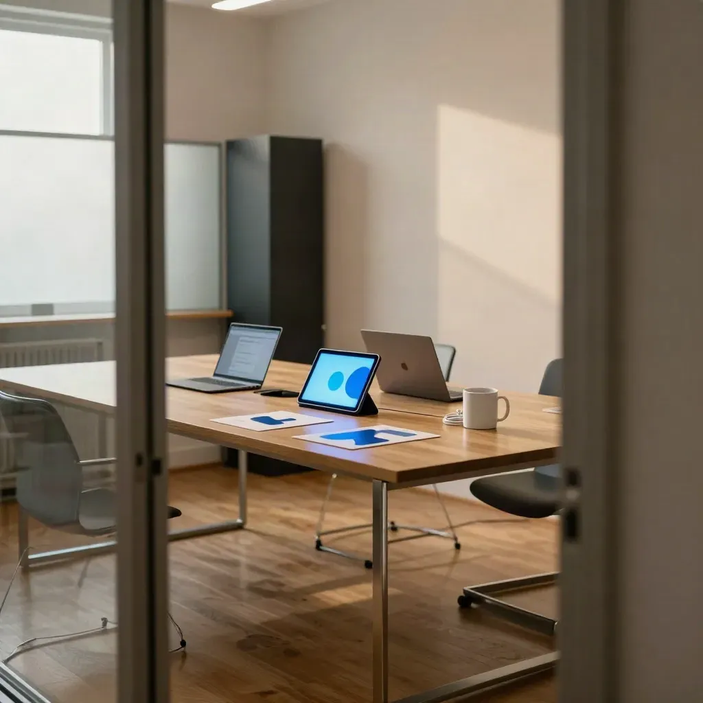 Glass meeting room demo station with glowing tablet, open laptops and abstract cards in warm afternoon light.