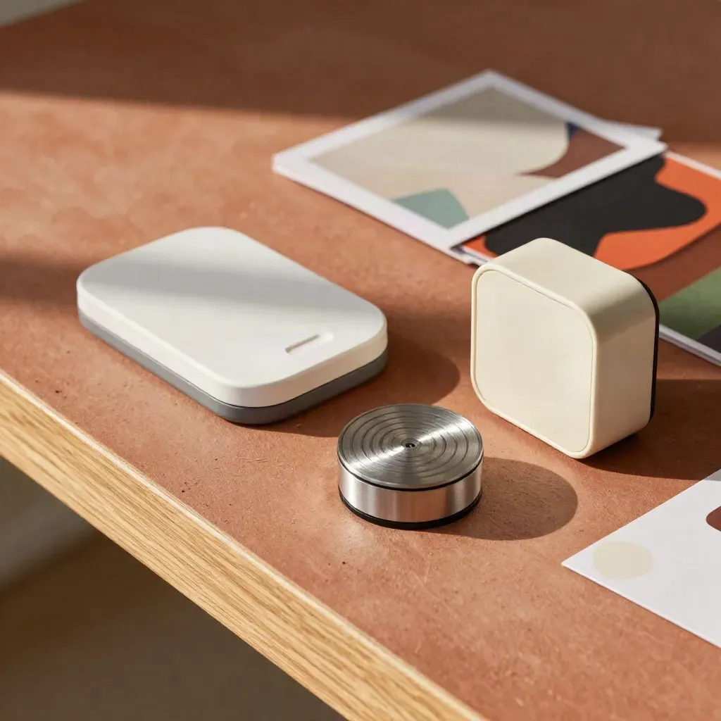 Ads specialist tools on terracotta plaster: phone dock, target puck, timer, and abstract mockup cards.