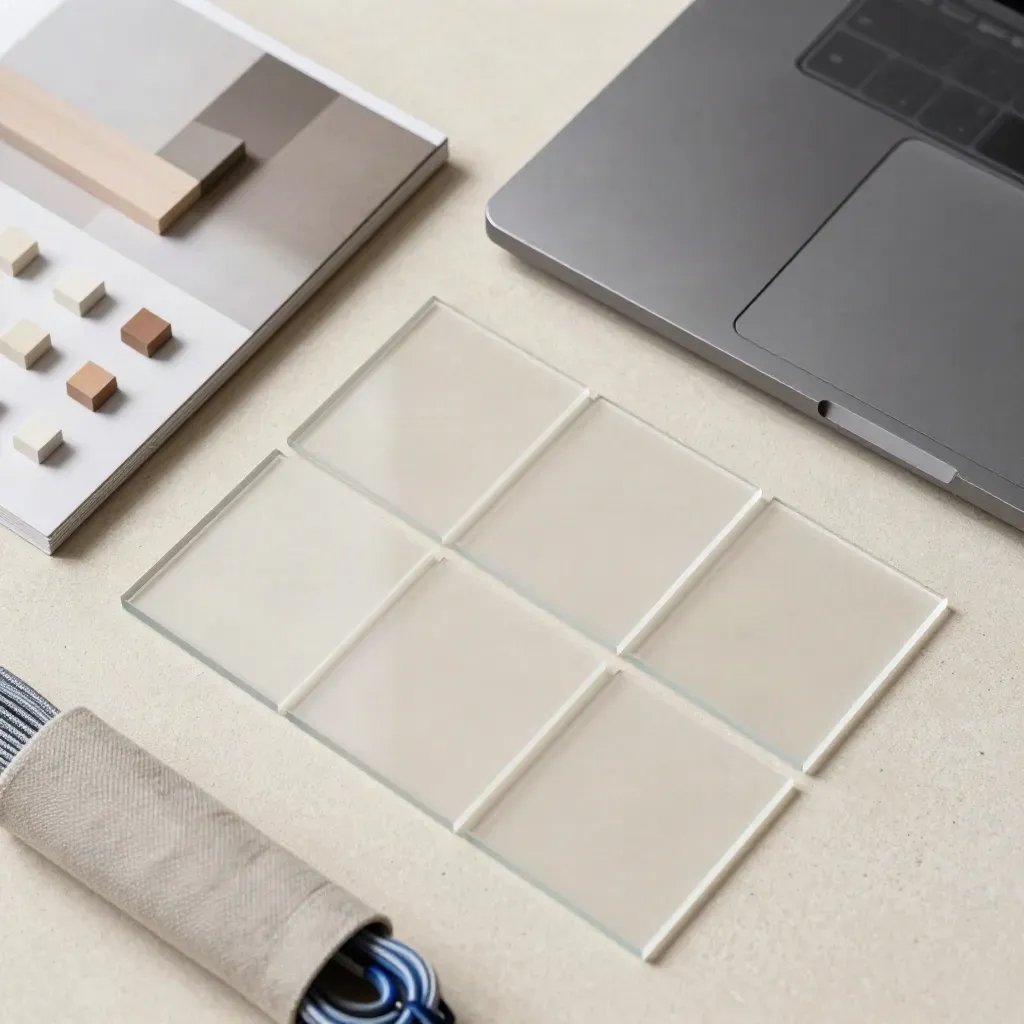 Overhead flatlay of a laptop, swatches, cable wrap and mockup board on pale stone.