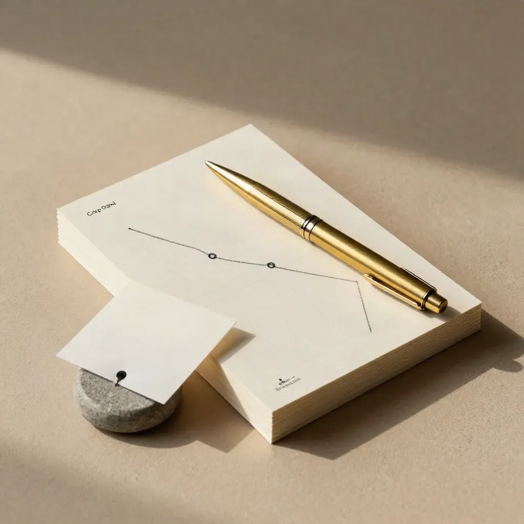 Top-down still life of sitemap cards, brass pen, paperweight and folder on warm plaster.