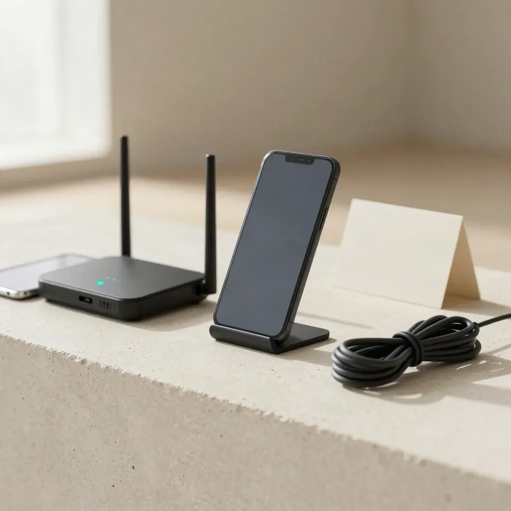 Phone, router light, test tablet, and cable loop on concrete, softly lit