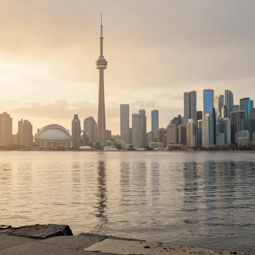 Toronto skyline with CN Tower above calm hazy waterfront at golden hour