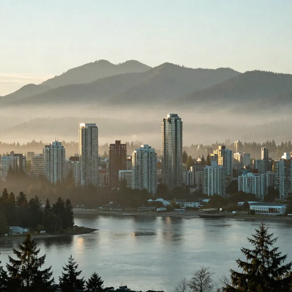 Fog lifting over Vancouver skyline and North Shore mountains above still harbor water.