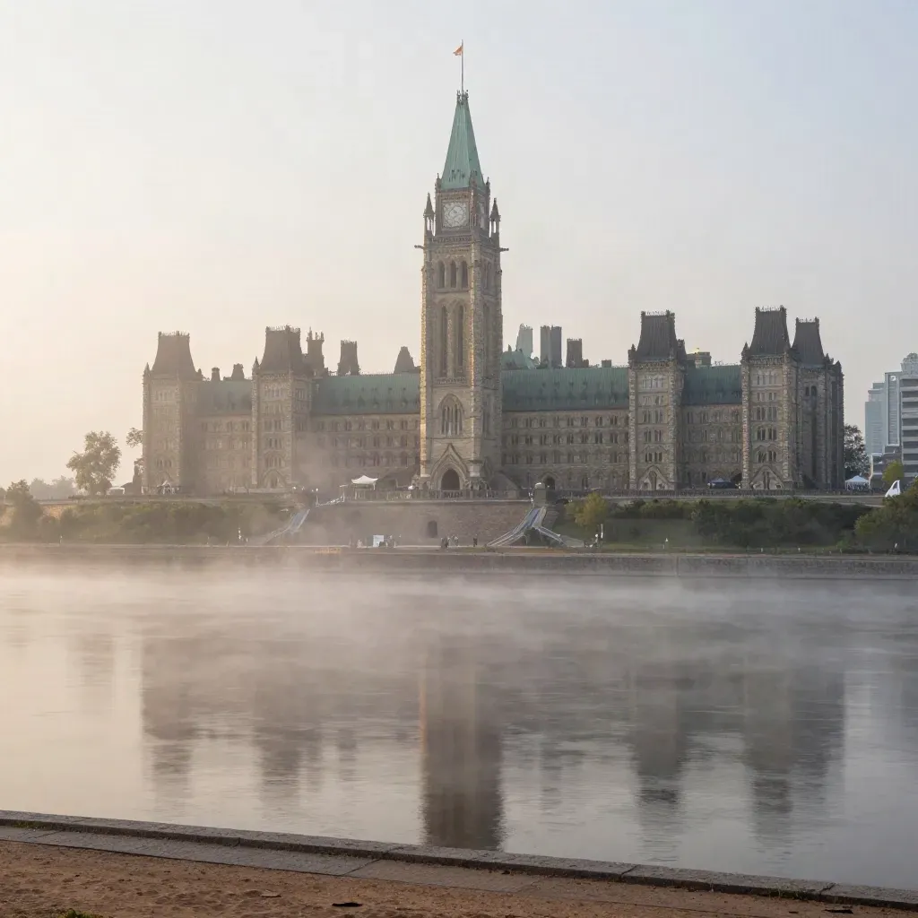 Parliament Hill above the Ottawa River in soft morning fog and warm light