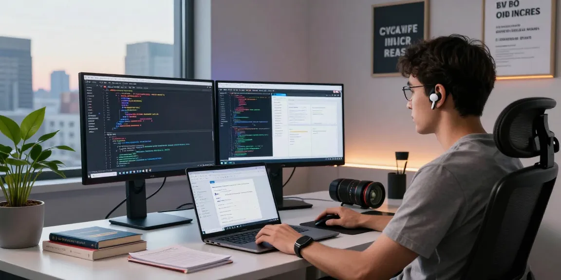 WPS Download at work, a developer coding on dual monitors in a modern office.