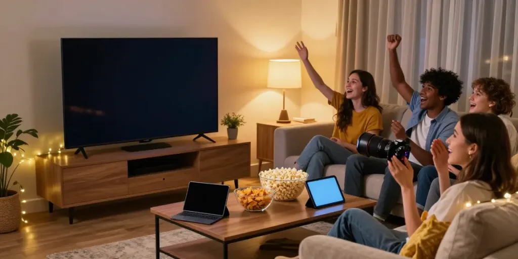 Friends enjoying a movie night using Movie Box, showcasing vibrant entertainment in a cozy living room.