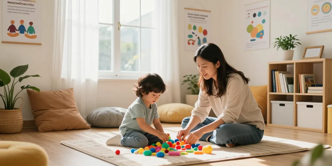 Child and therapist engaging in applied behaviour analysis with sensory toys, promoting neurodiversity.