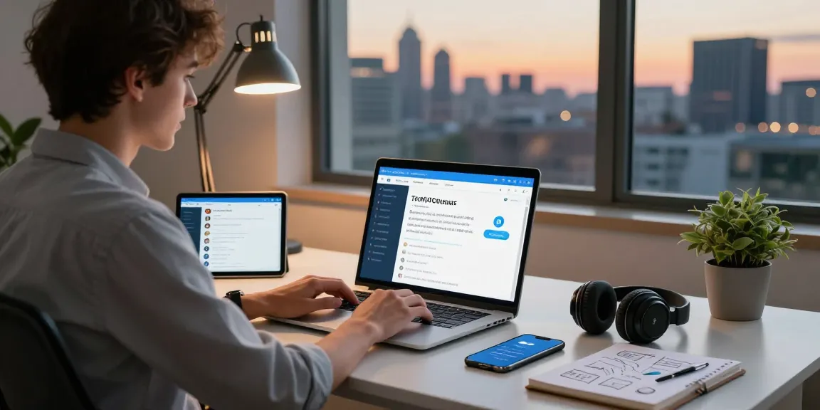 Using Telegram Web Version on a laptop in a modern workspace with tech gadgets and city skyline view.