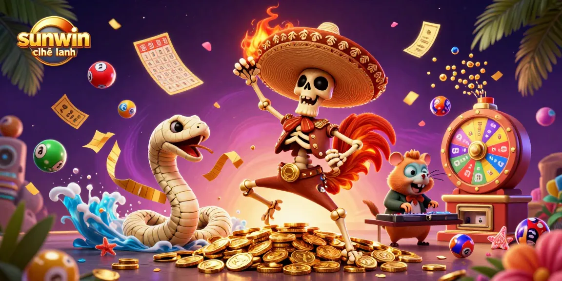 Play thrilling games with sunwin chính hãng, featuring a lively scene of characters celebrating amidst a dynamic casino atmosphere.